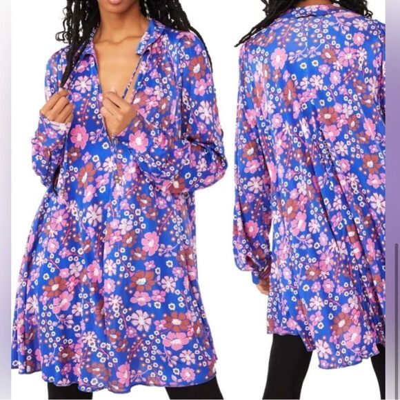 Free People Daisy Jane Botanical Floral Mini Dress Blue Pink XS FLAW - Picture 11 of 11